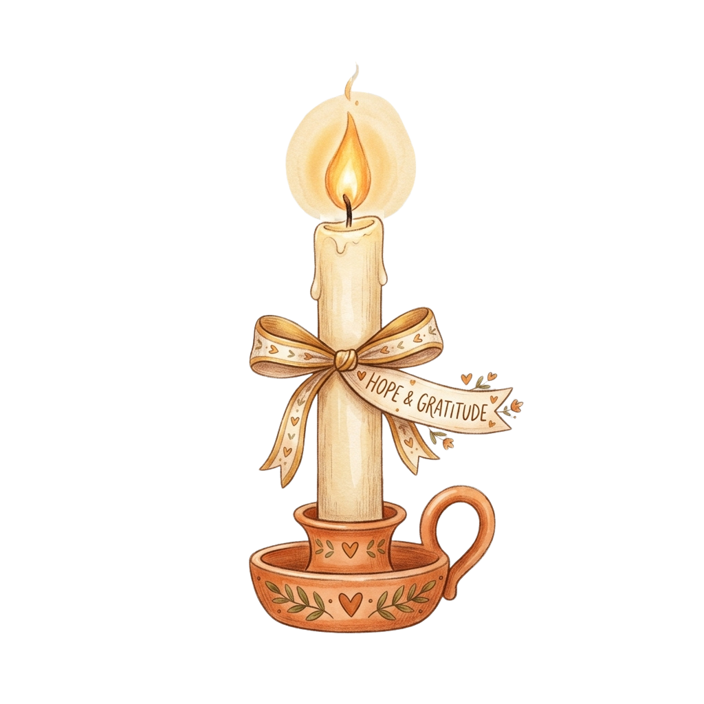 Illustration of a lit candle in a decorative ceramic holder tied with a ribbon that reads Hope and Gratitude