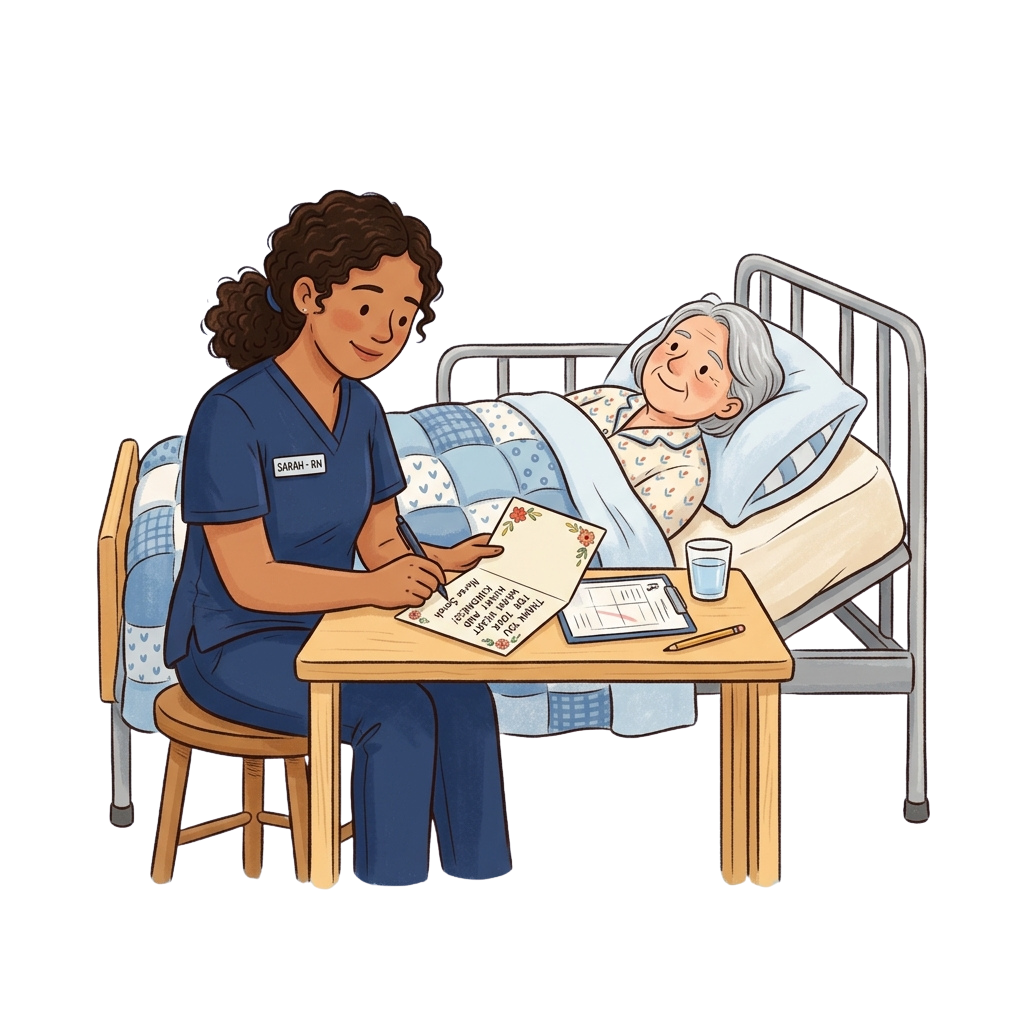 A nurse in scrubs sits with an elderly patient in bed reviewing medical documents together.