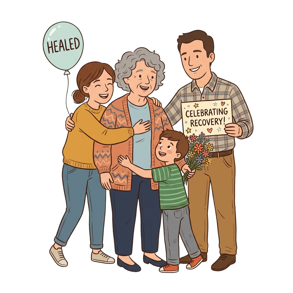 A happy family of four hugging and celebrating recovery with a balloon and flowers