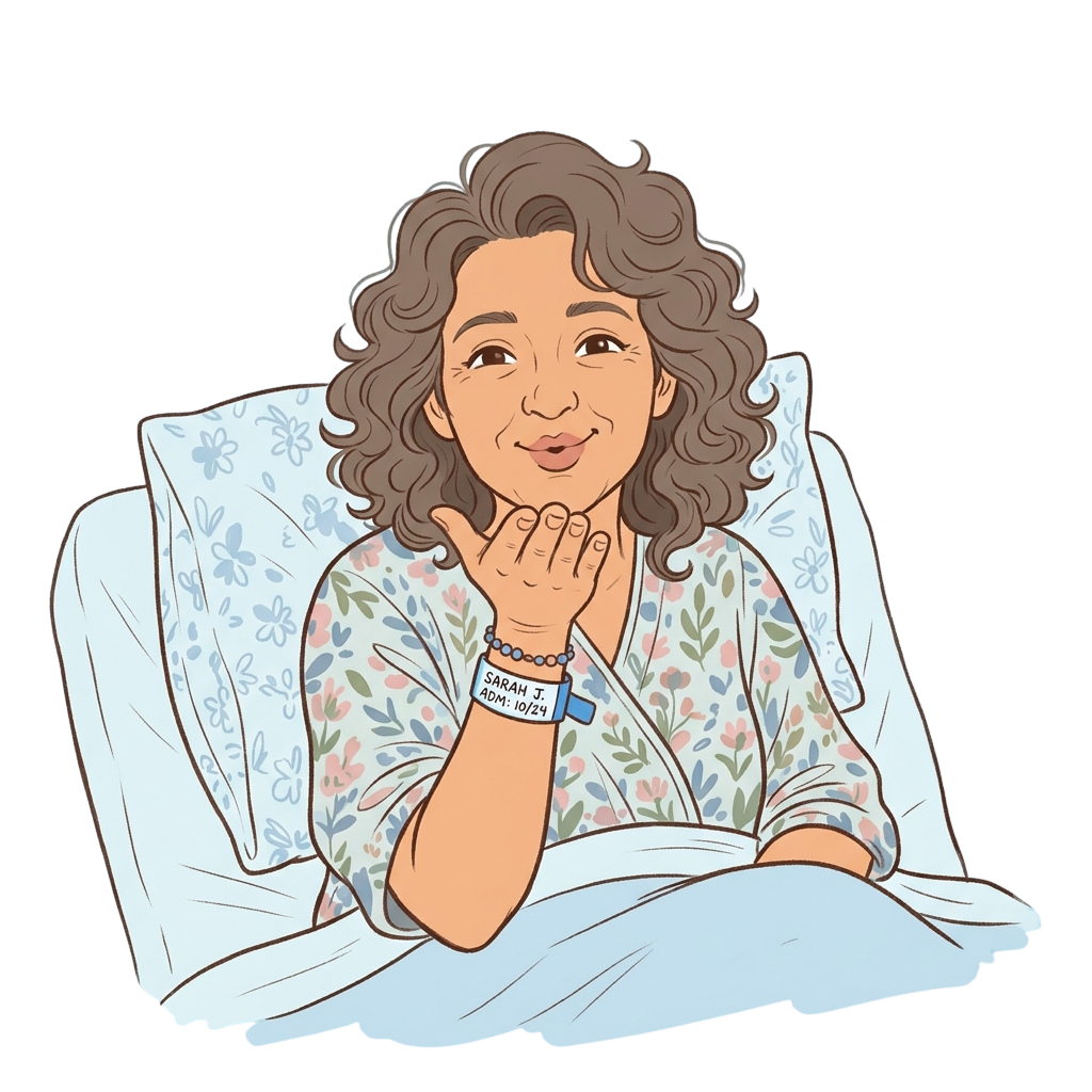 Illustration of a smiling person in a hospital gown resting on a bed with a hospital ID bracelet on their wrist.