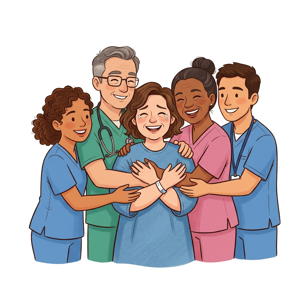 Five smiling medical professionals hugging a patient in a supportive group embrace