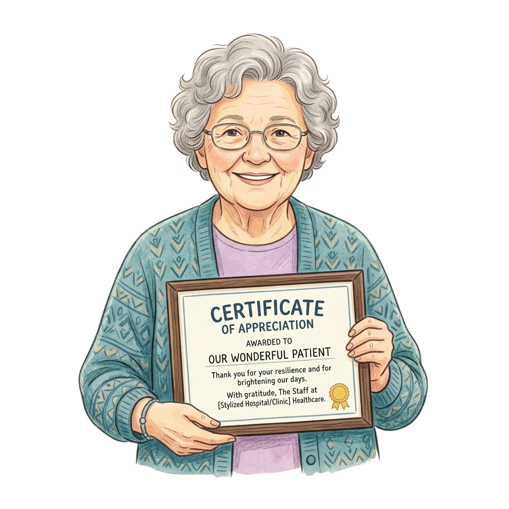 Smiling elderly woman holding a framed certificate of appreciation from healthcare staff