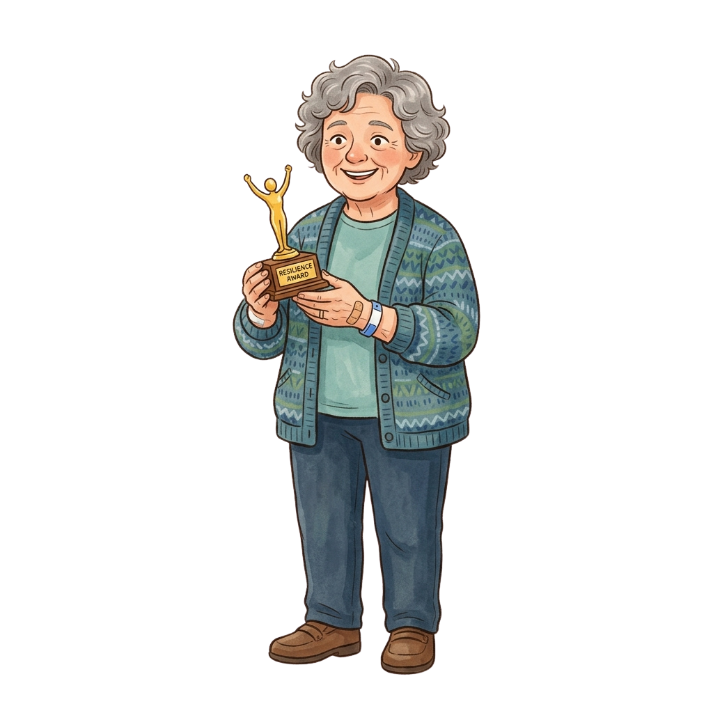 Smiling elderly woman in a cardigan holding a small trophy with a golden figurine on a base.
