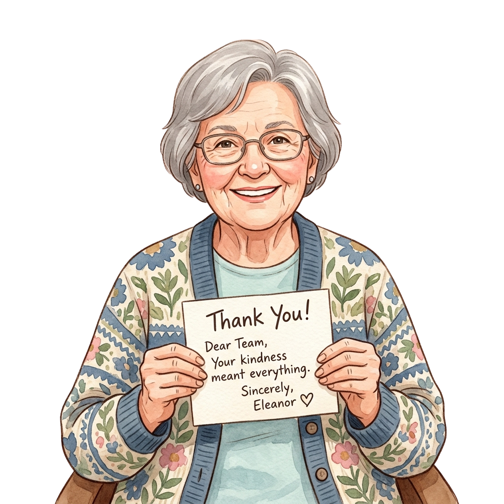 Smiling elderly woman wearing glasses and a floral-patterned vest, holding a thank-you sign addressed to a team.