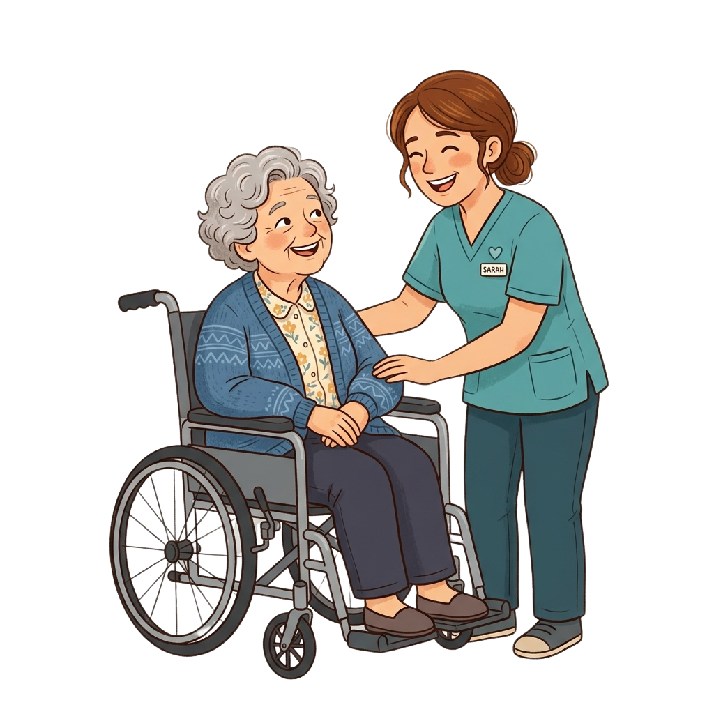 A smiling nurse helps an elderly woman in a wheelchair, both looking happy and engaged.