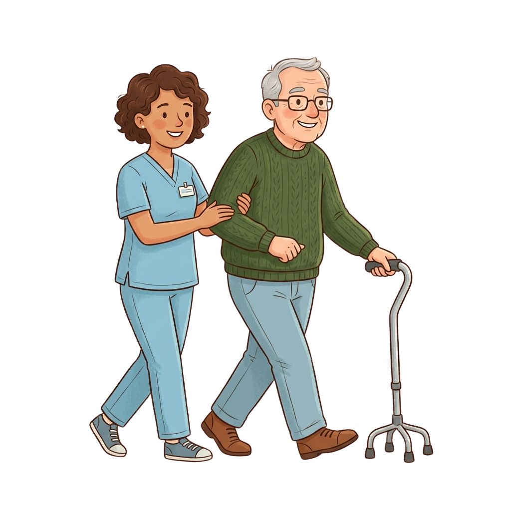 A nurse in scrubs assisting an elderly man with glasses walking using a quad cane