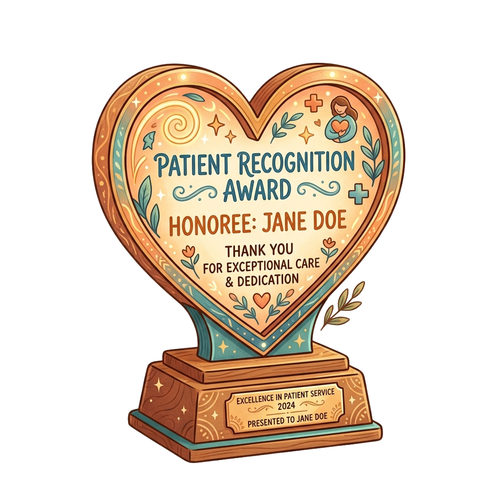 Illustration of a heart-shaped award trophy for patient recognition with medical symbols and thank you message