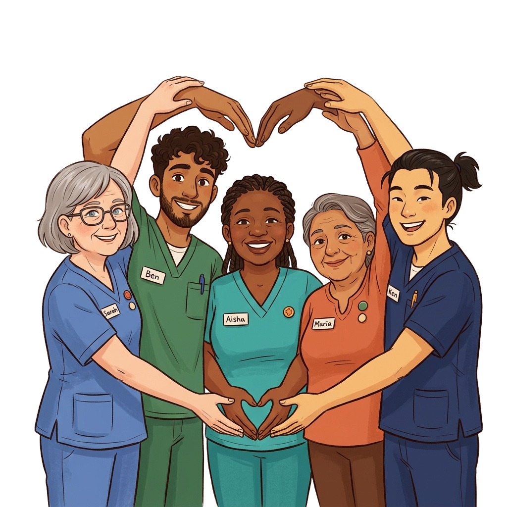 Five smiling medical staff forming a heart shape with their arms and hands, wearing scrubs and name tags.