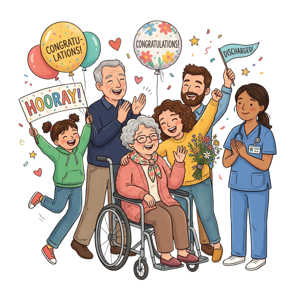 Family celebrating an elderly woman in a wheelchair being discharged from hospital with balloons and signs
