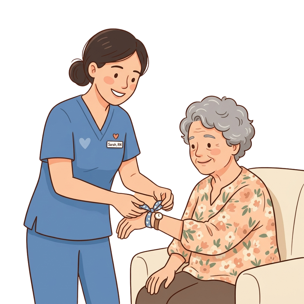A nurse in blue scrubs checking the blood pressure of an elderly woman sitting in a chair
