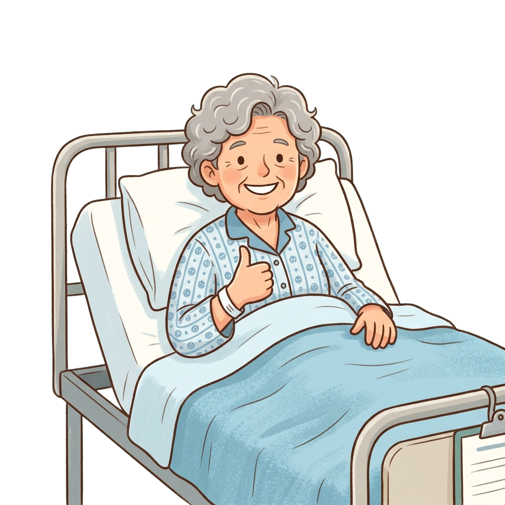 Smiling elderly person in hospital bed giving thumbs up