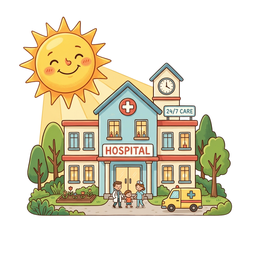 Illustration of a cheerful hospital building with a smiling sun, medical staff, and a child entering the entrance.