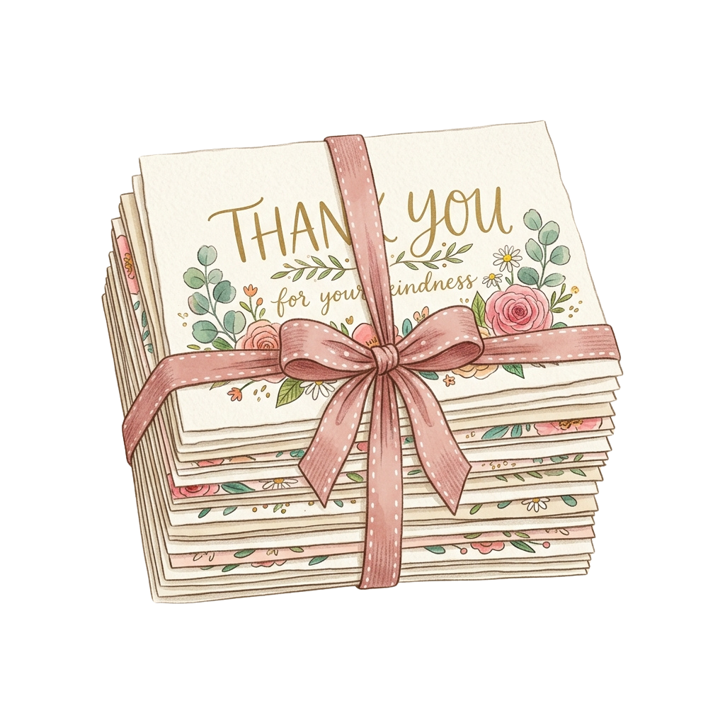 Stack of thank you cards tied with a pink ribbon featuring floral designs and kind message