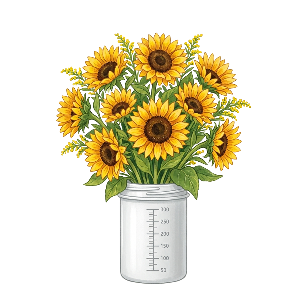 Illustration of a bouquet of sunflowers in a clear measuring cup vase