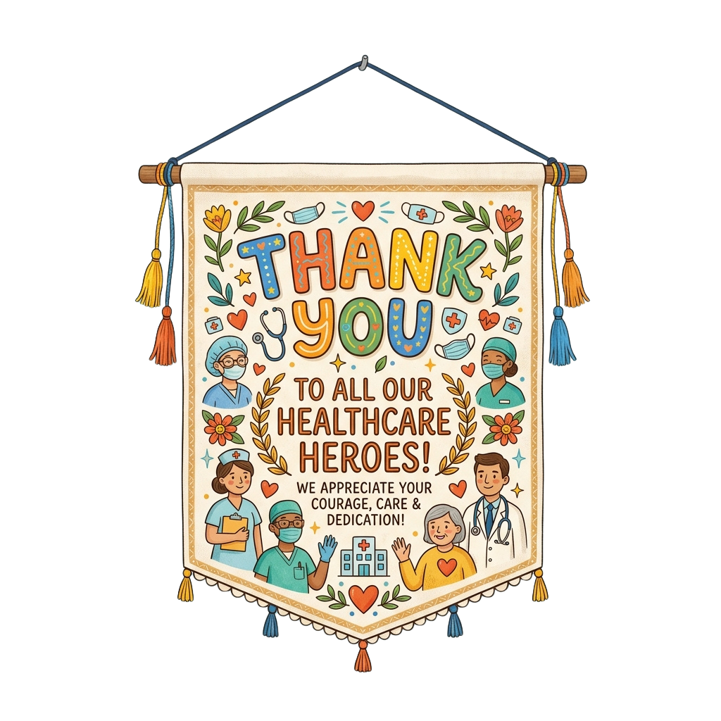 Colorful thank you banner featuring healthcare workers and symbols of gratitude