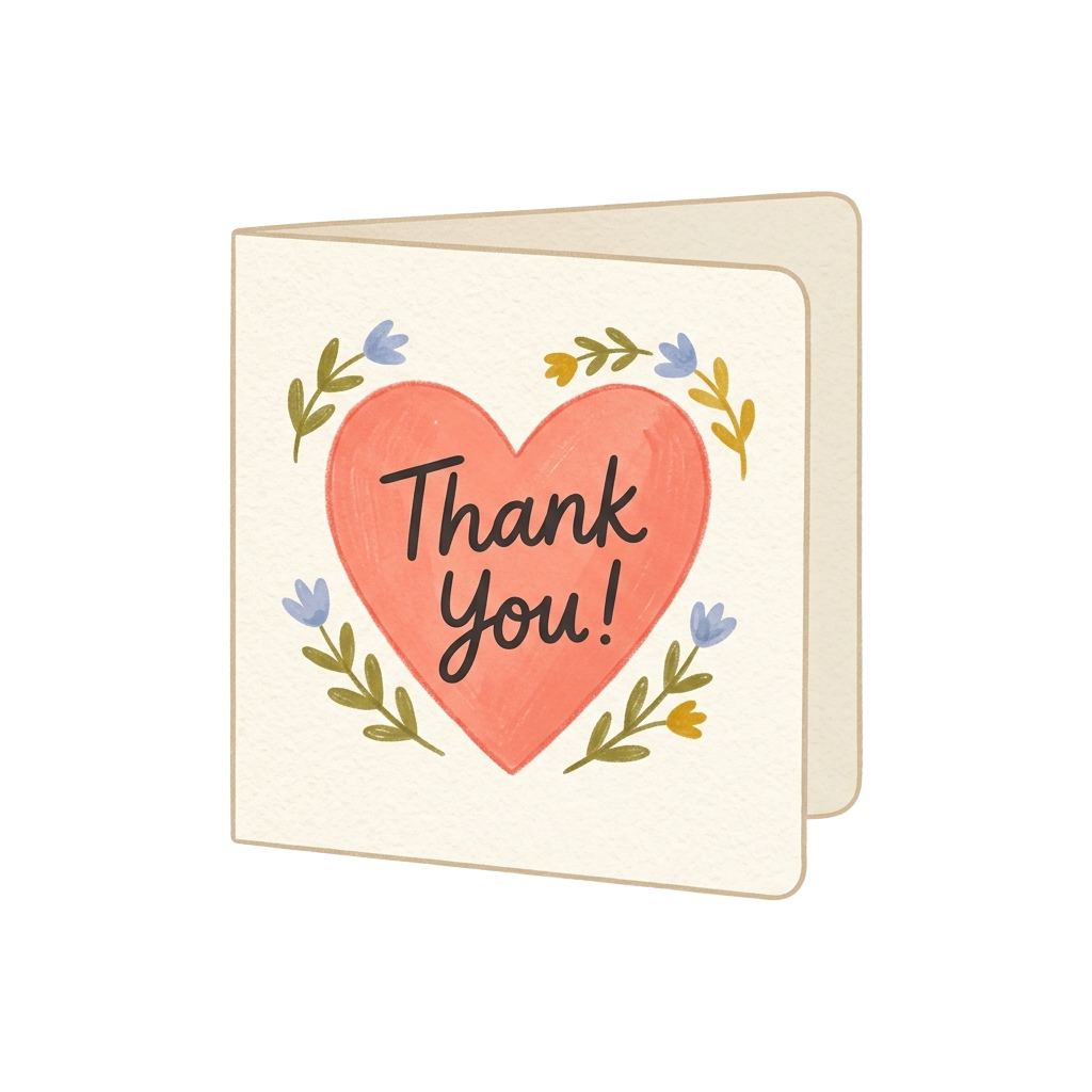 White thank you card with a red heart and floral designs around the words Thank You