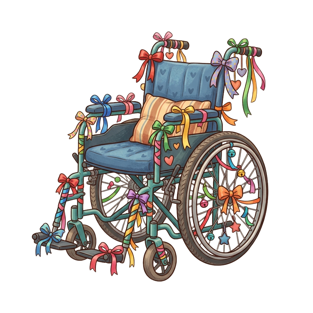 Wheelchair adorned with colorful ribbons, bows, and heart decorations on frame and seat