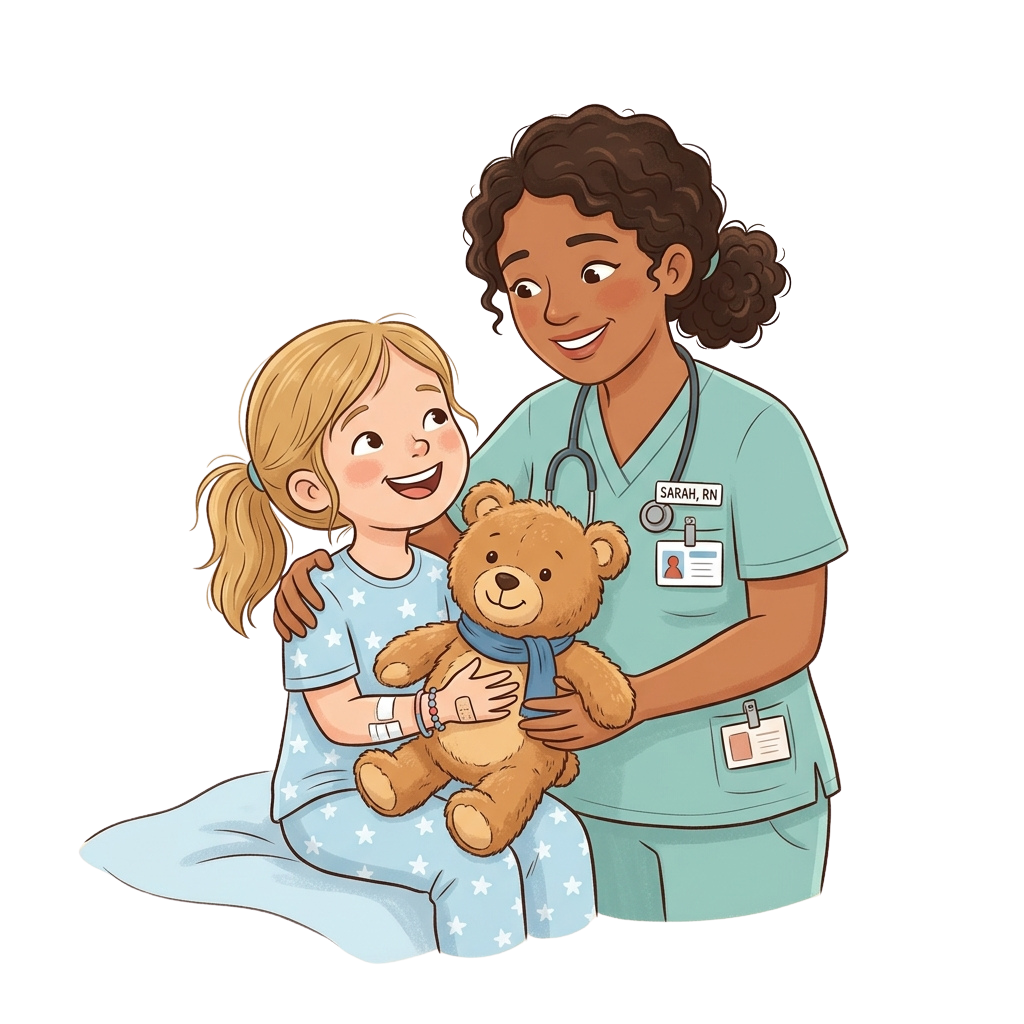 A smiling nurse in scrubs hugs a child holding a teddy bear, both looking happy and reassured.