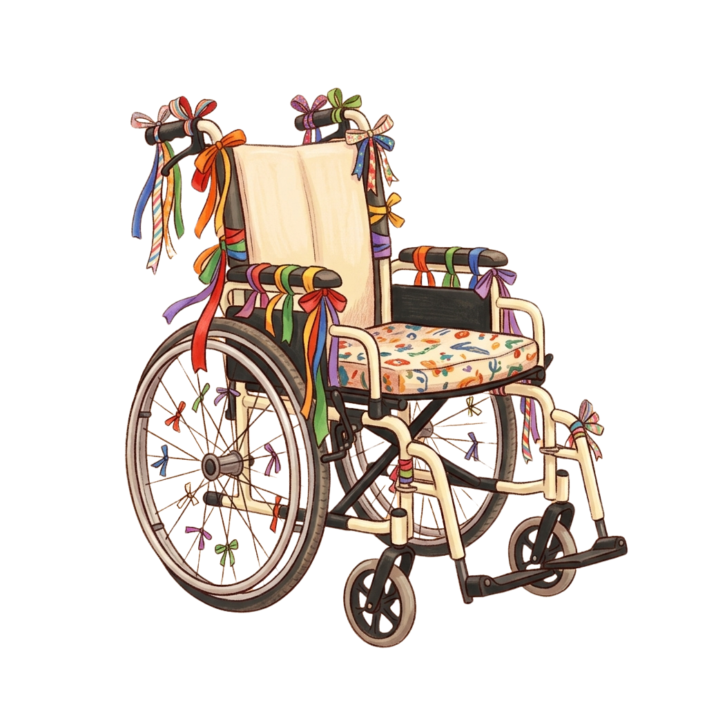 Wheelchair adorned with colorful ribbons and bows, featuring a floral-patterned seat cushion