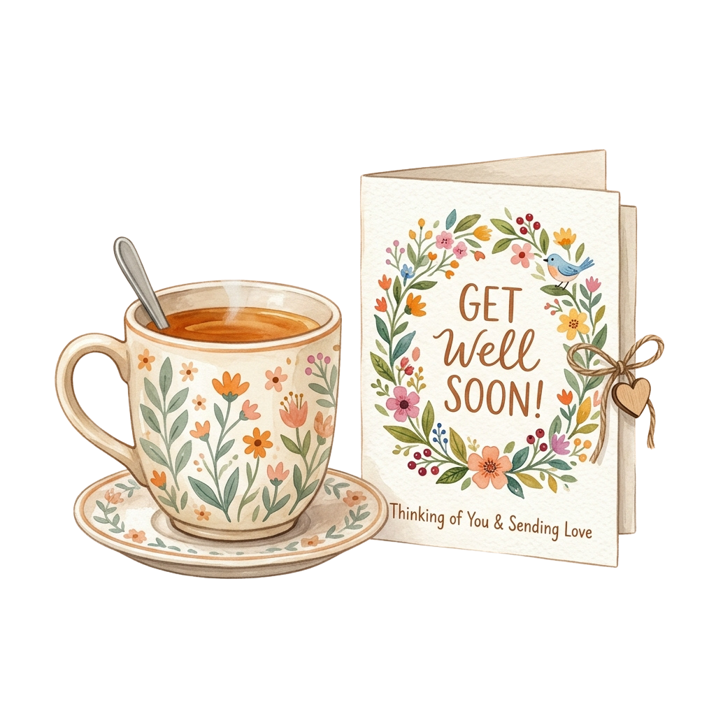 A floral mug with tea and a get well soon card tied with a ribbon