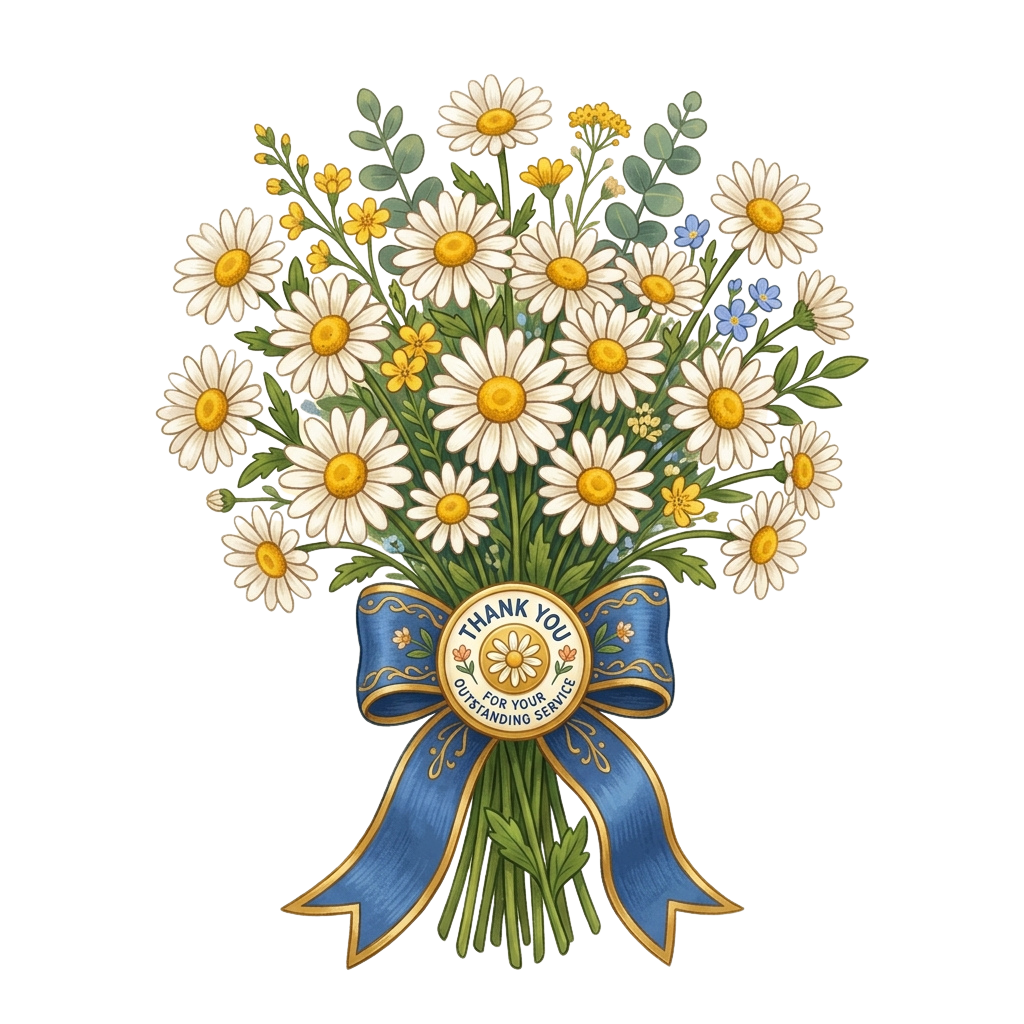 A decorative bouquet of white and yellow daisies with green leaves tied with a blue ribbon and a thank you badge