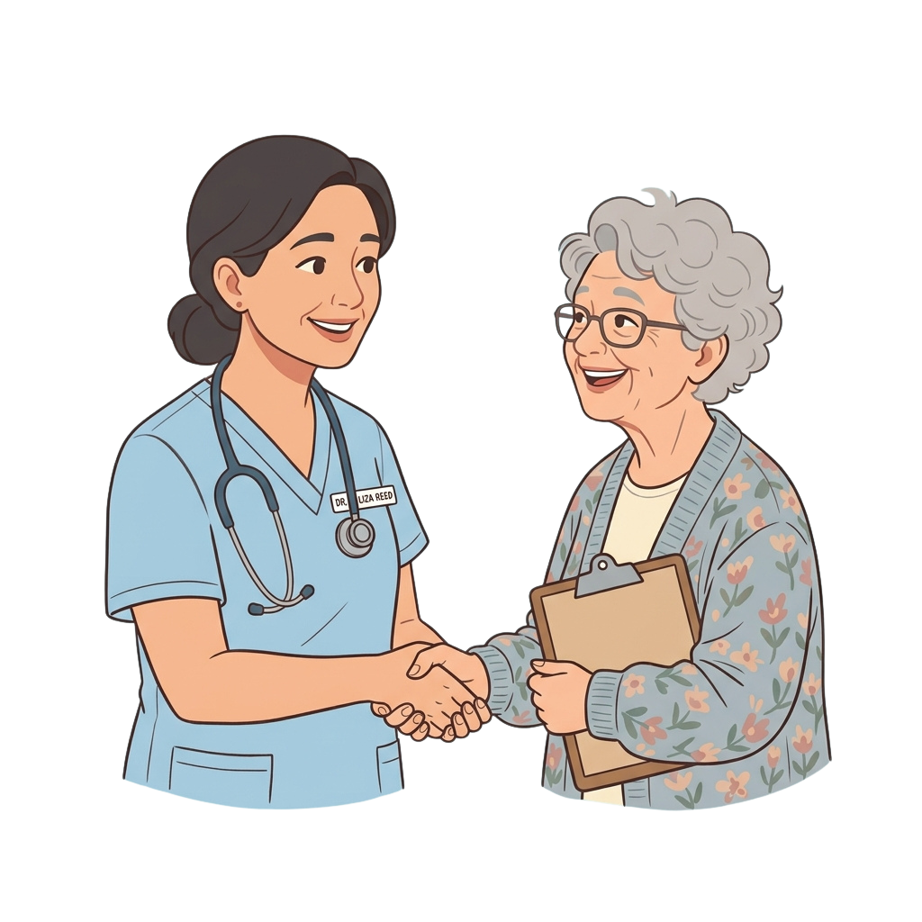 A smiling doctor in blue scrubs shakes hands with an elderly woman holding a clipboard.