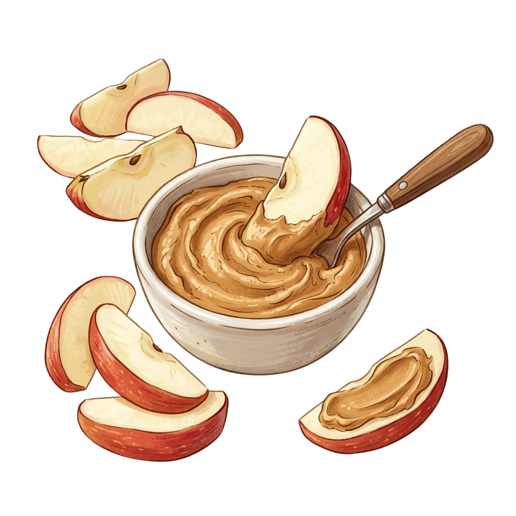 A bowl of peanut butter with a spoon and apple slices around it