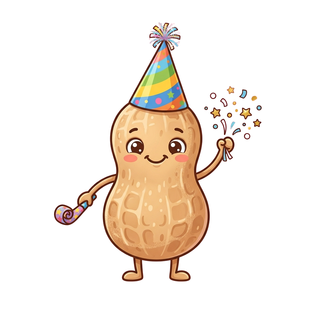 A smiling peanut character wearing a party hat, holding a sparkler and confetti wand.