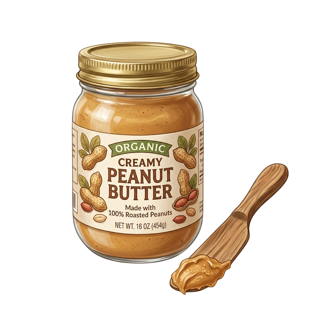 Jar of organic creamy peanut butter with a wooden spoon beside it on a black background