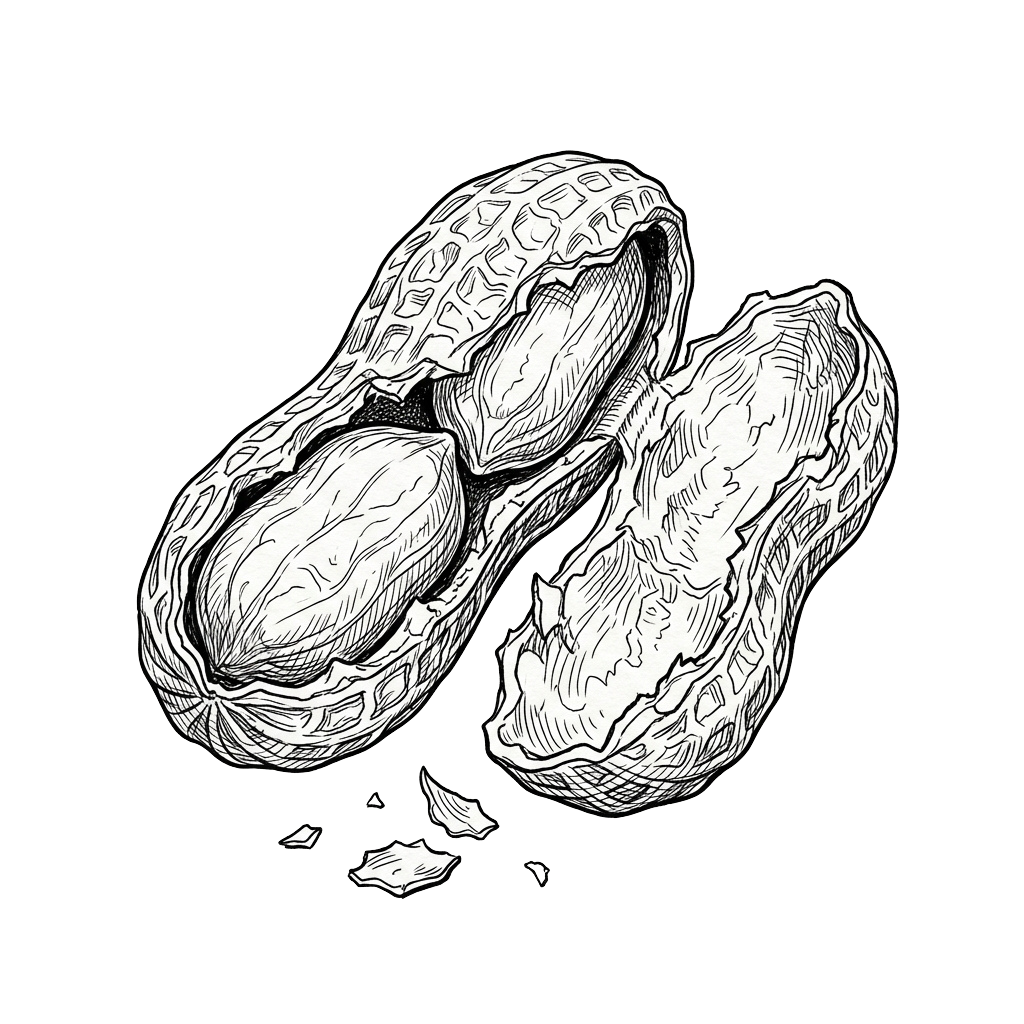 Detailed black and white illustration of two cracked peanut shells with inner texture visible
