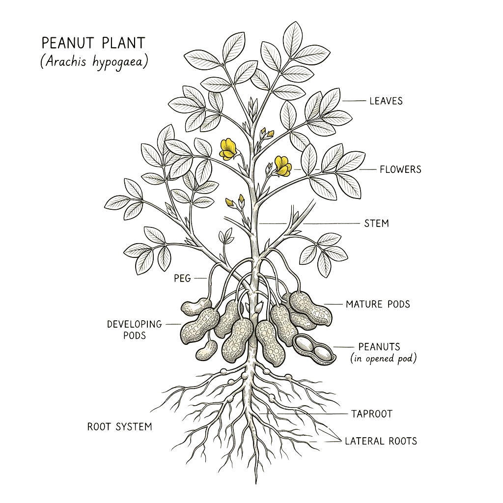 Diagram of a peanut plant showing leaves, flowers, stem, pods, roots, and seed system with labels