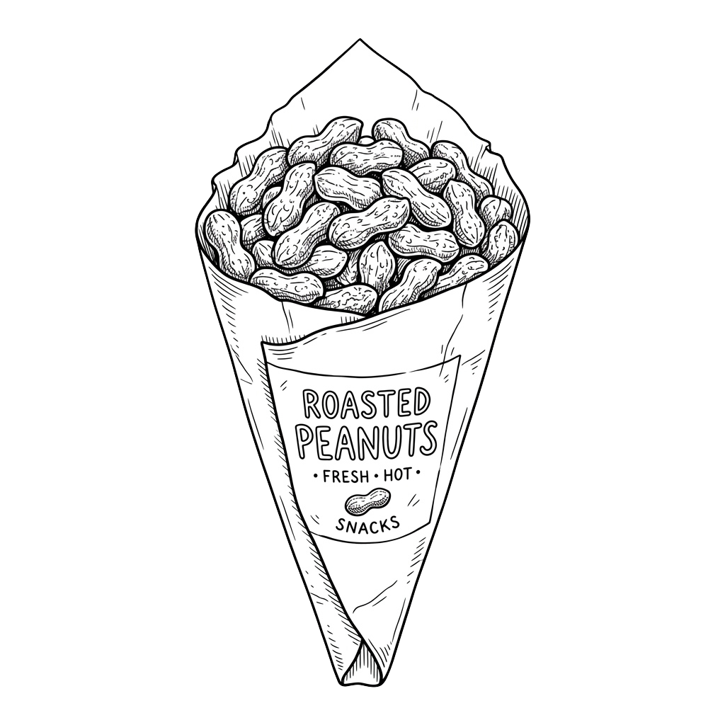 Black and white illustration of a cone filled with roasted peanuts labeled fresh hot snacks
