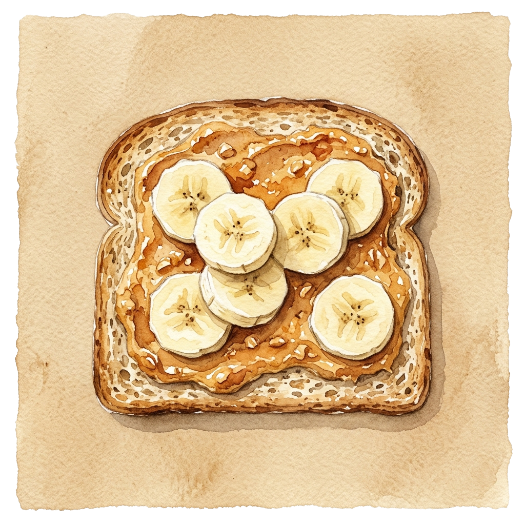 A slice of whole grain toast topped with five banana slices