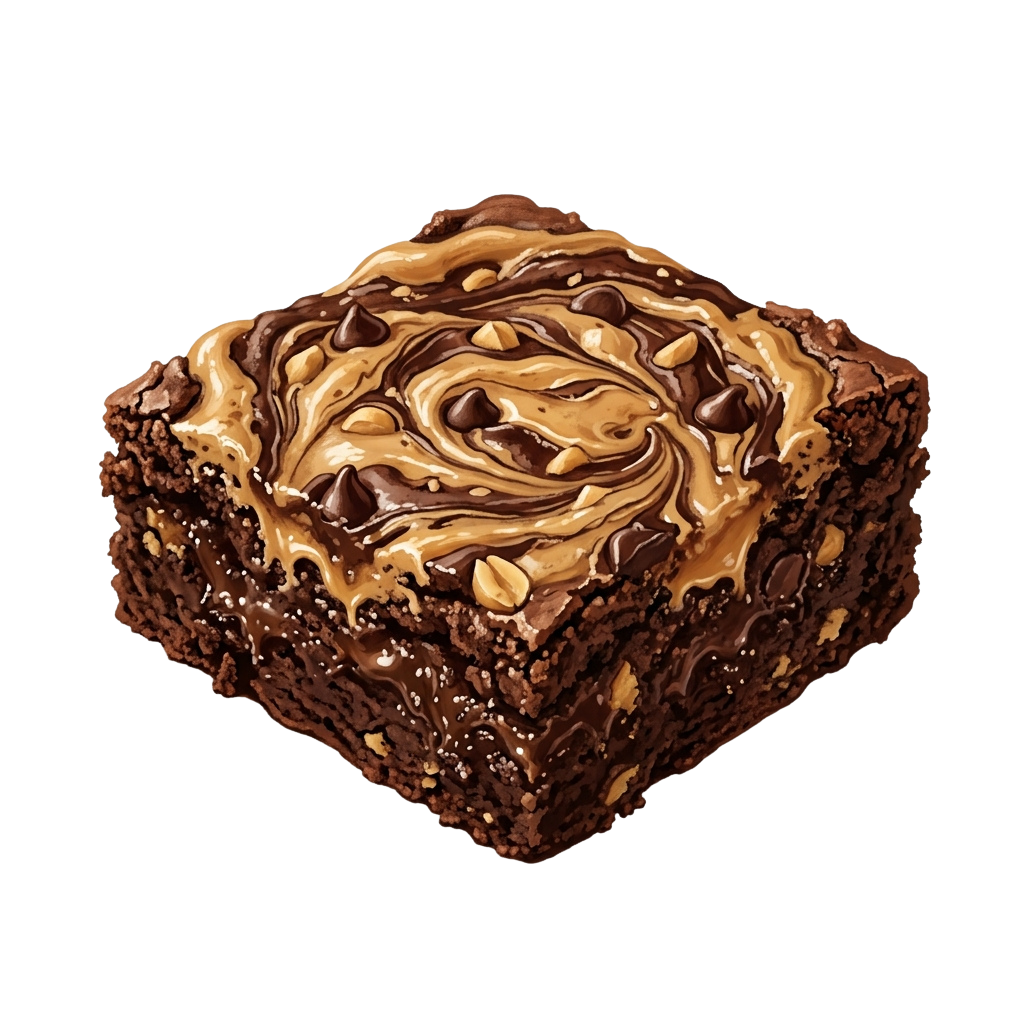 A rich chocolate brownie topped with a caramel swirl and chocolate drizzle
