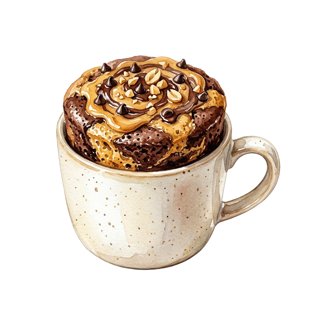 A ceramic mug filled with a frothy coffee drink topped with chocolate chip cookie dough and chocolate chips.