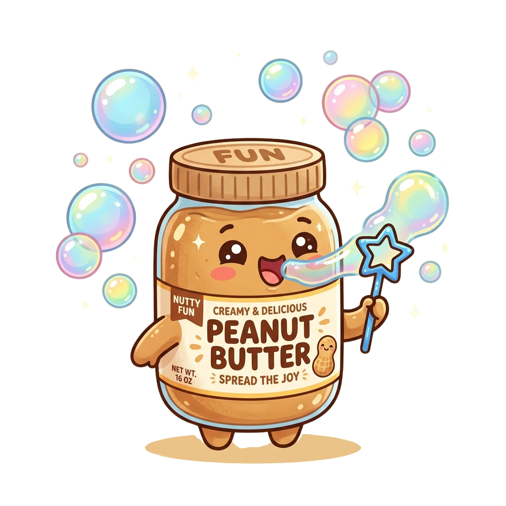 Animated peanut butter jar character with arms, legs, and a wand blowing colorful bubbles.