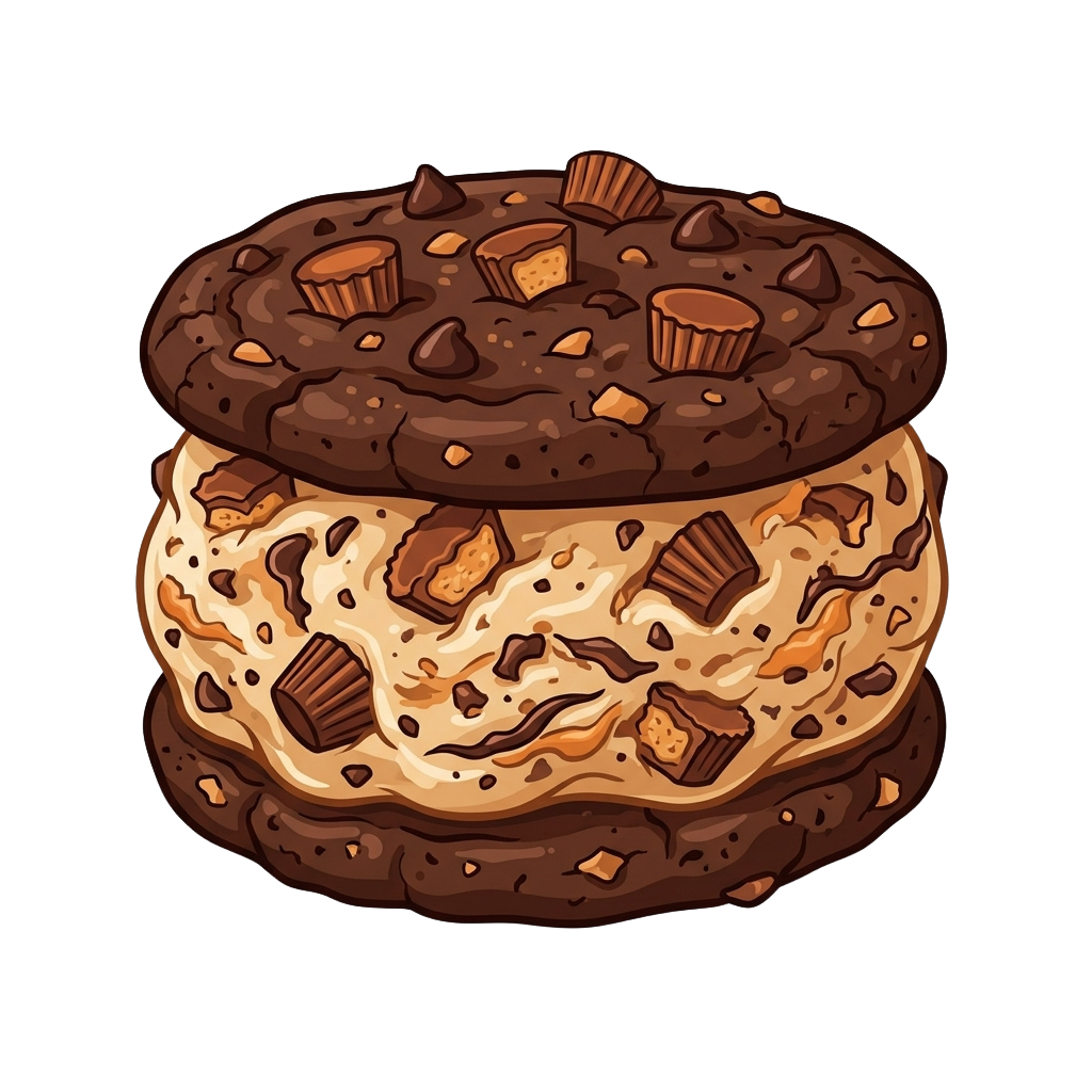 A cartoon-style image of a cookie sandwich with chocolate chips and caramel filling
