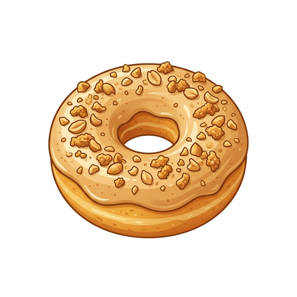 A round donut with a hole in the center, topped with cinnamon sugar and chopped nuts