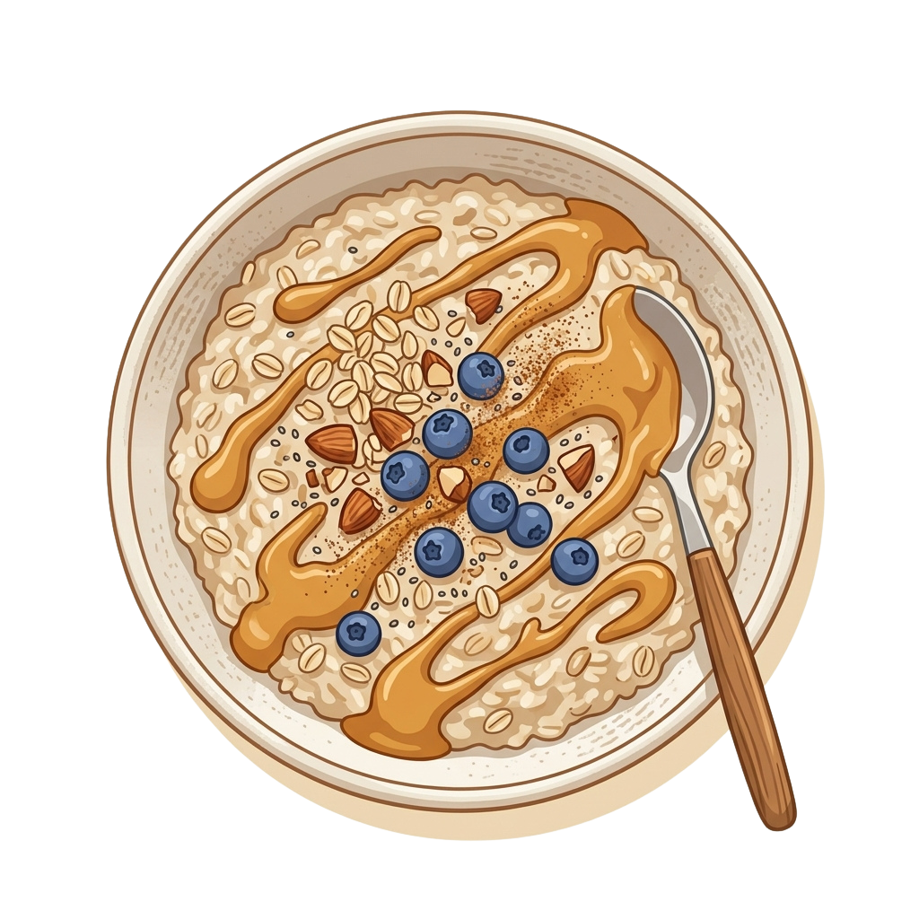 Bowl of oatmeal topped with blueberries, sliced almonds, and a honey drizzle, served with a spoon.