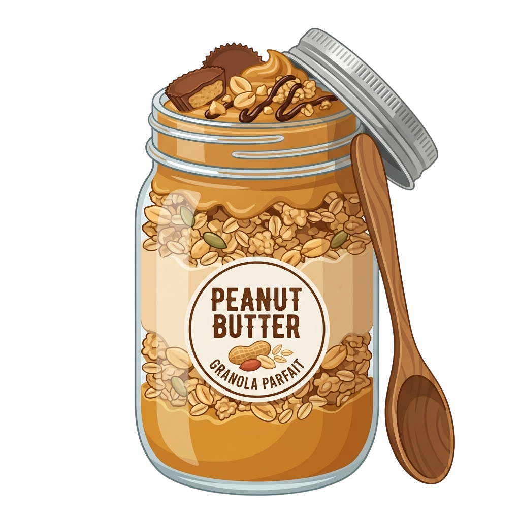 A glass jar of peanut butter granola parfait with a wooden spoon resting beside it