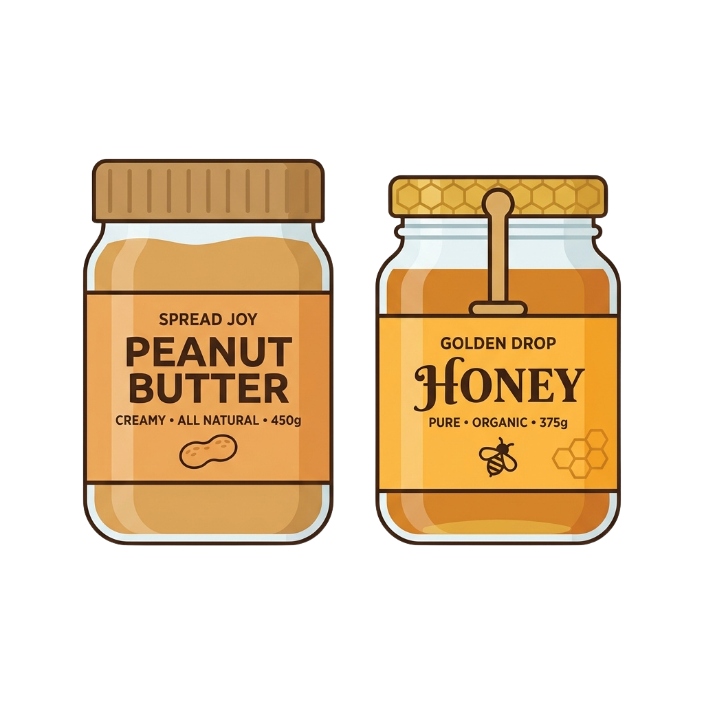 Two jars labeled peanut butter and honey with weight and quality descriptions