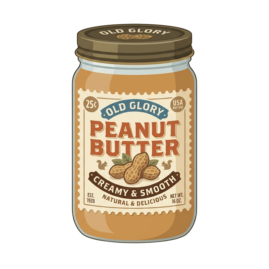 Vintage-style jar of peanut butter labeled creamy and smooth with peanuts and establishment date