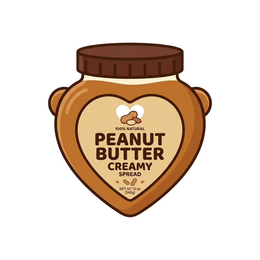 Heart-shaped jar of creamy peanut butter spread with peanut illustrations and a brown lid.
