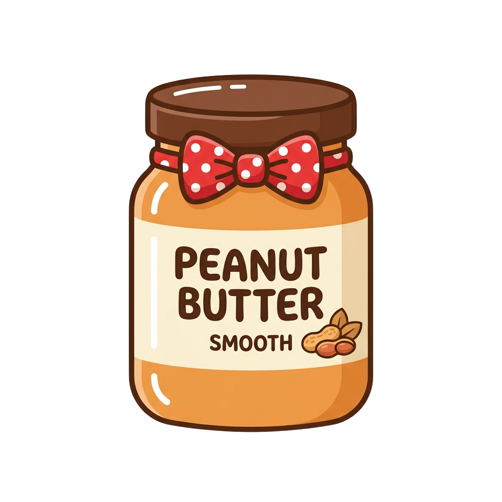 Cartoon jar of smooth peanut butter with a decorative red bow on the lid and peanuts illustrated on the label