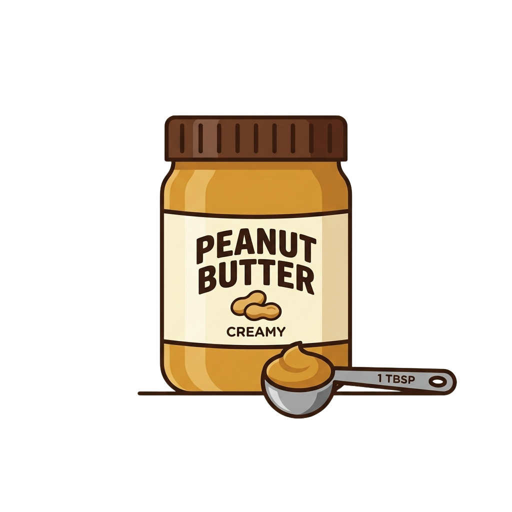 Illustration of a jar of creamy peanut butter with a measuring spoon containing one tablespoon.