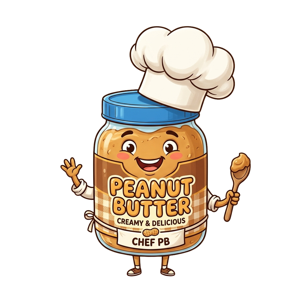Animated peanut butter jar with a chef hat and wooden spoon waving cheerfully
