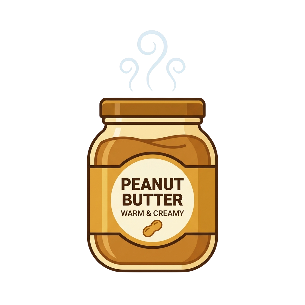 Illustration of a jar of peanut butter with steam rising from the top, labeled warm and creamy