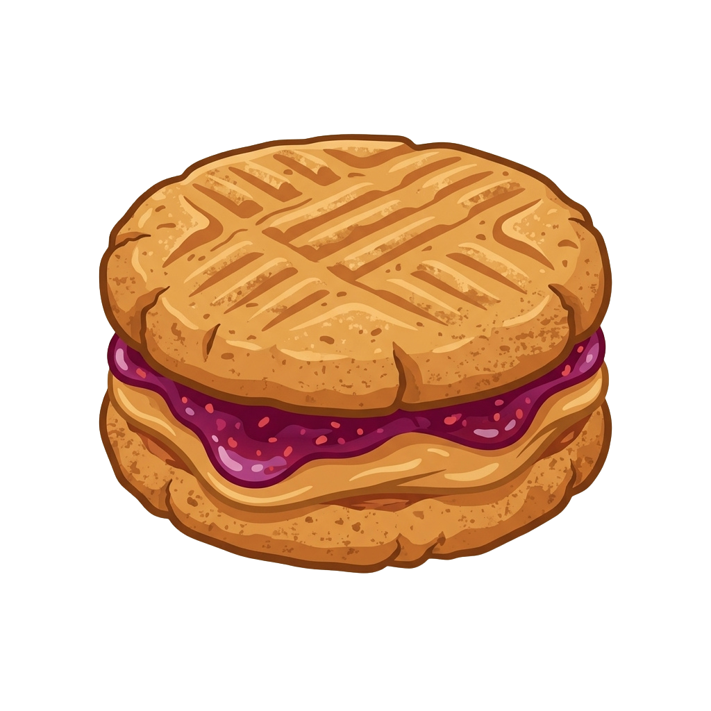 A peanut butter filled sandwich cookie with a crisscross pattern on top.