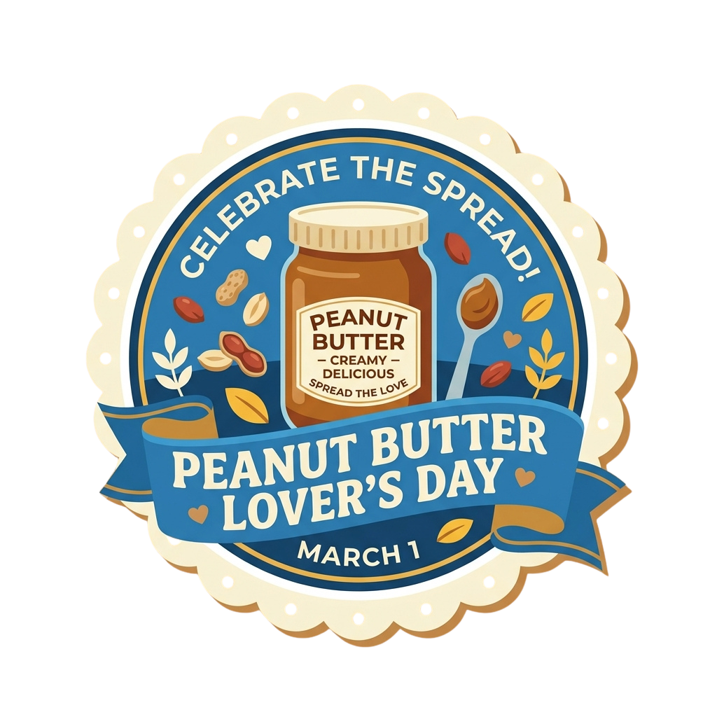 Decorative badge celebrating Peanut Butter Lovers Day on March 1 with a jar of peanut butter and peanut illustrations
