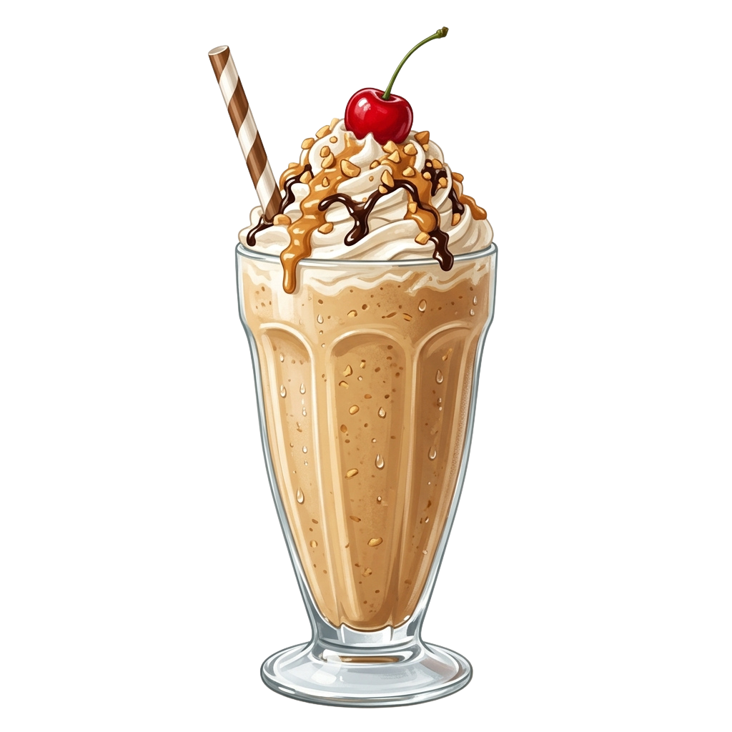 A tall glass of caramel milkshake topped with whipped cream, caramel drizzle, chopped nuts, and a cherry on top with a striped straw